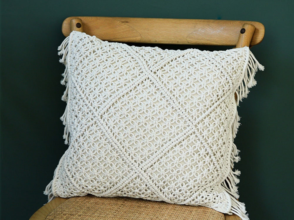Boho Macramé Woven Throw Pillow Cover – Handcrafted Fringe Cushion Case (18" x 18" / 45 x 45 cm)