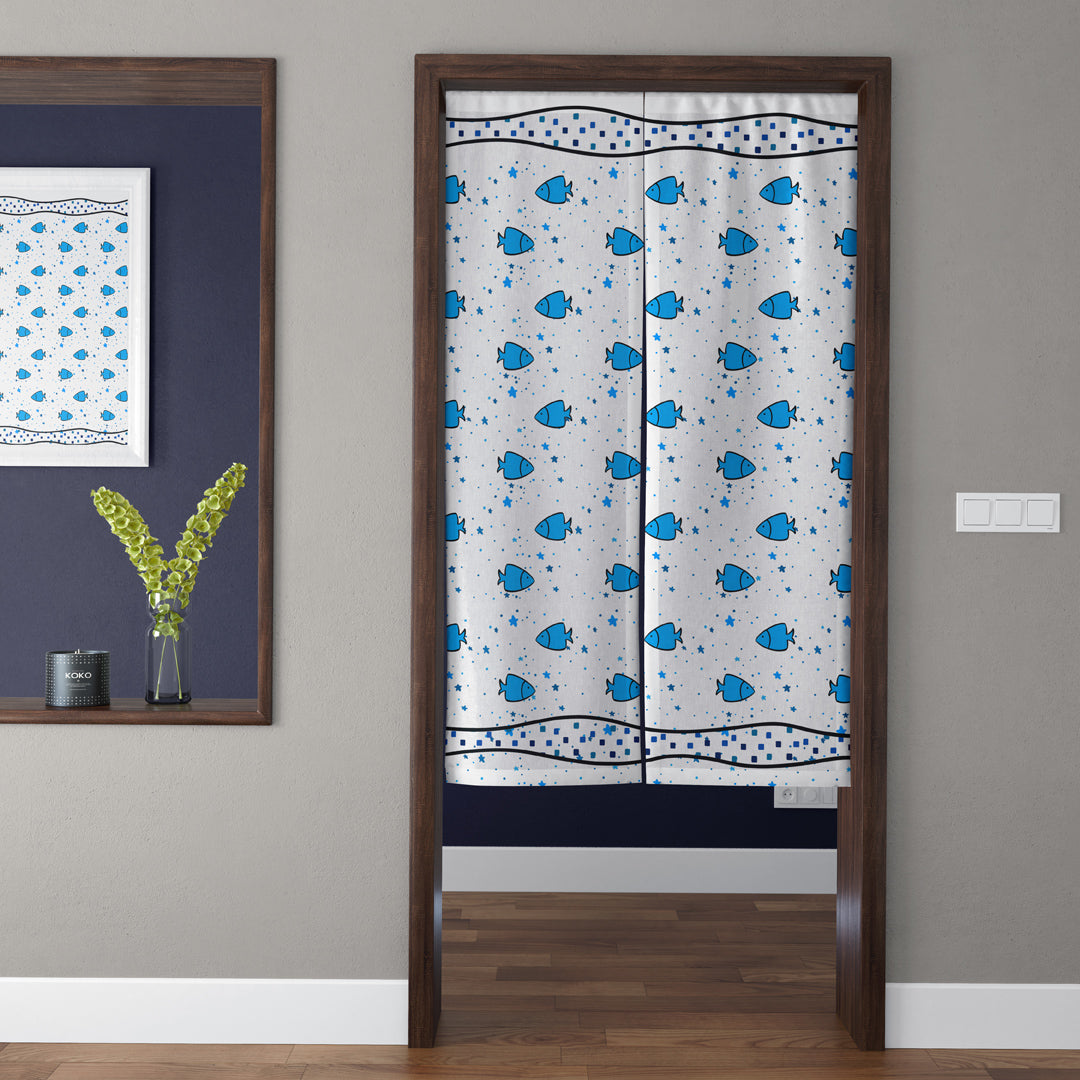 Cute Blue Fish Pattern Coastal Ocean Doorway Curtain Noren Mediterranean Bathroom Divider