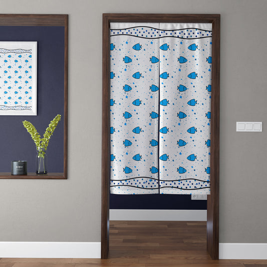 Cute Blue Fish Pattern Coastal Ocean Doorway Curtain Noren Mediterranean Bathroom Divider