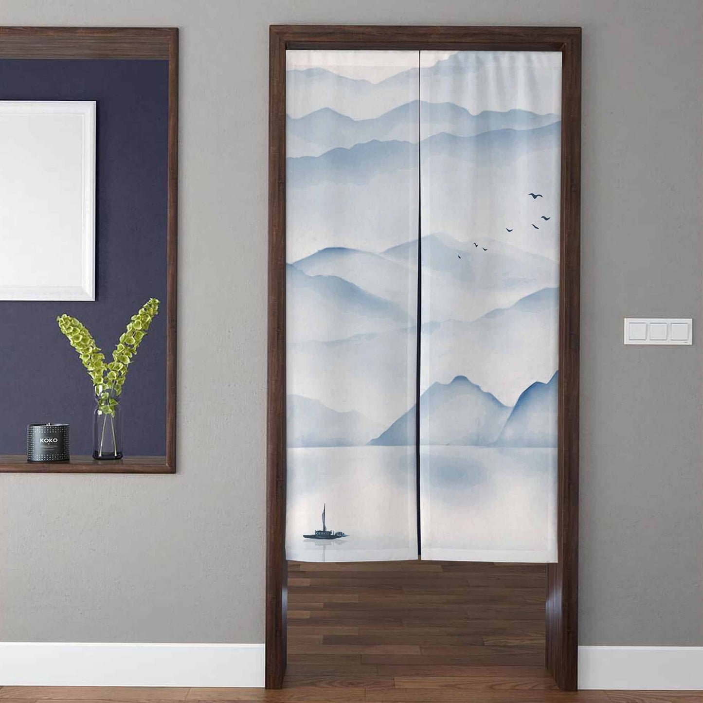Japanese Traditional Sumi-e Ink Wash Blue Mountain & Sailboat Doorway Curtain Noren Zen Room Divider
