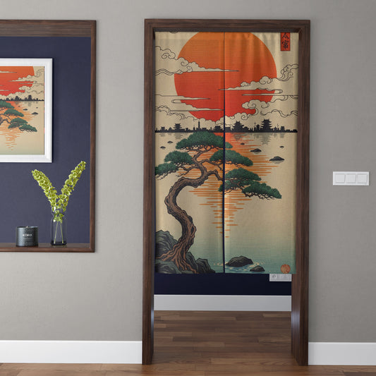 Japanese Traditional Vintage Ukiyo-e Shoreline Pine Tree, Sunset & Castle Doorway Curtain Noren Zen Room Divider