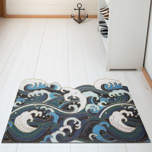 Japanese Style Blue Wave Cutting Entrance Door Mat