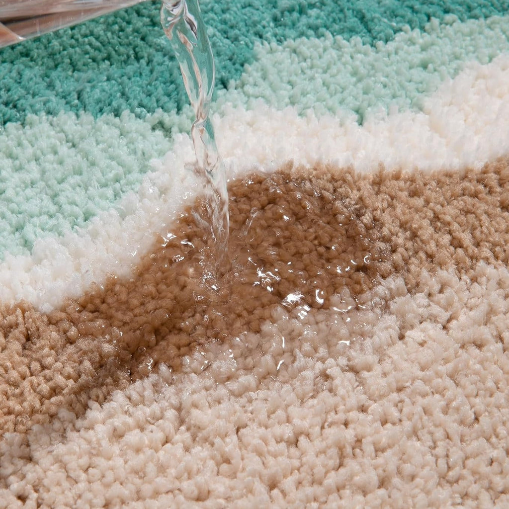 Abstract Blue Wave Ocean Bath Mat & Green Mountain Rug | Non-Slip Washable Beach Landscape Rug