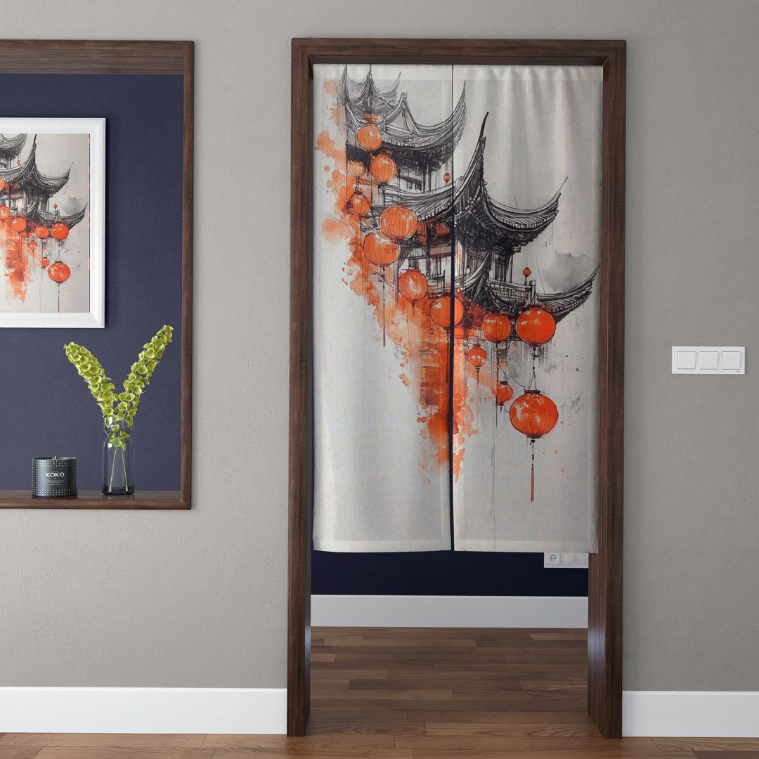Japanese Traditional Watercolor Pagoda Pavilion & Cascading Red Lanterns Doorway Curtain Noren Zen Room Divider