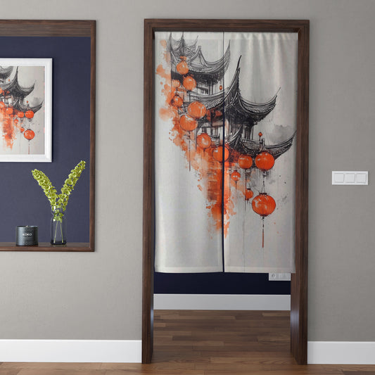 Japanese Traditional Watercolor Pagoda Pavilion & Cascading Red Lanterns Doorway Curtain Noren Zen Room Divider