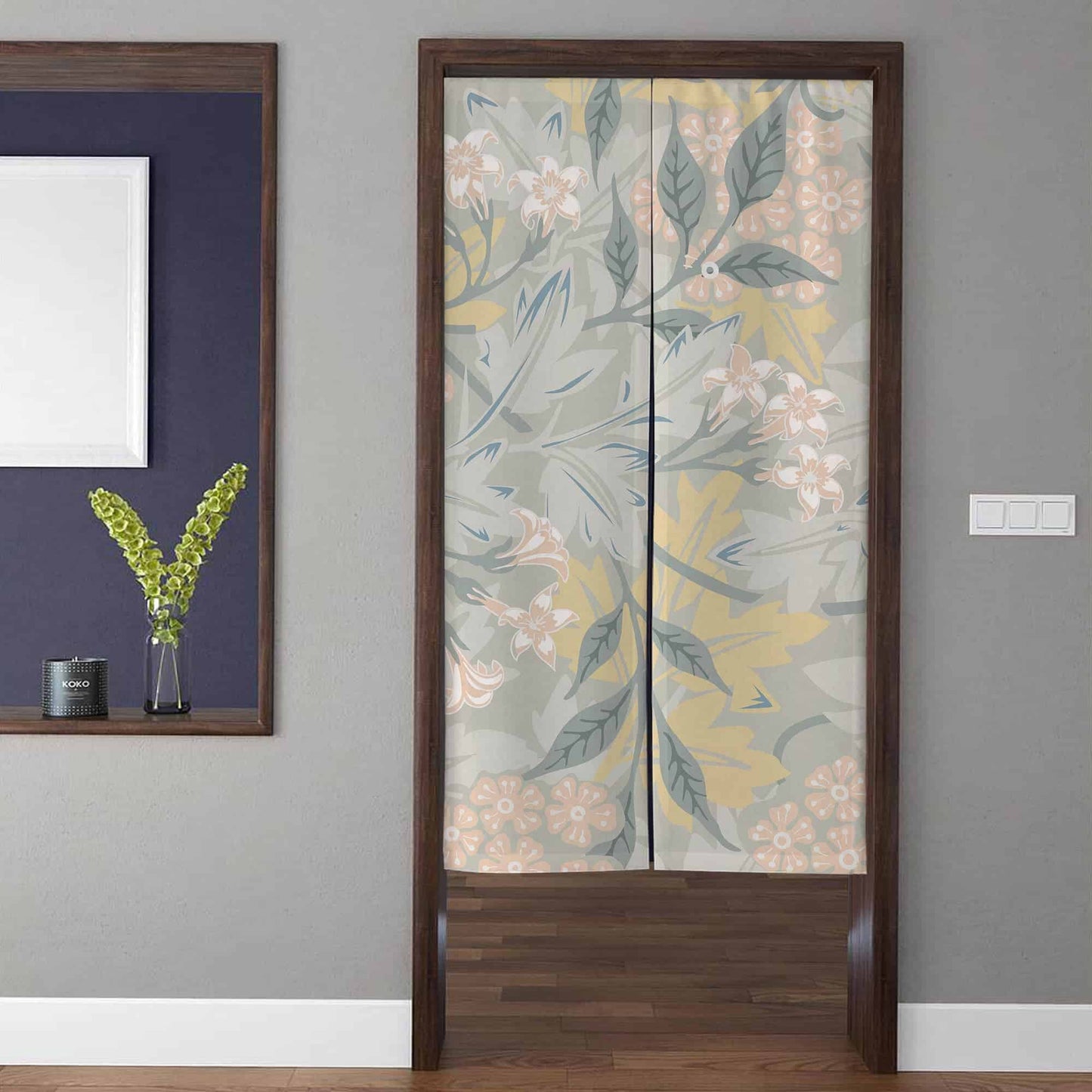 Retro Floral Noren Curtain: Grey Leaf Plant Doorway Decor image 0