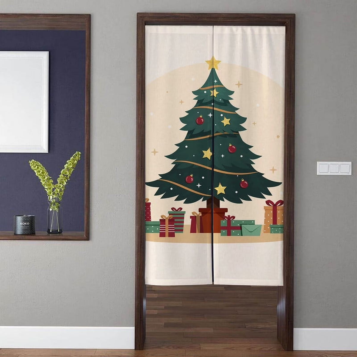 Minimalist Slate Blue & Beige Alternating Vertical Dots Doorway Curtain Noren Room Divider