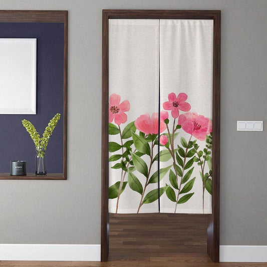 Fresh Watercolor Pink Wildflowers & Lush Green Foliage Doorway Curtain Noren Room Divider
