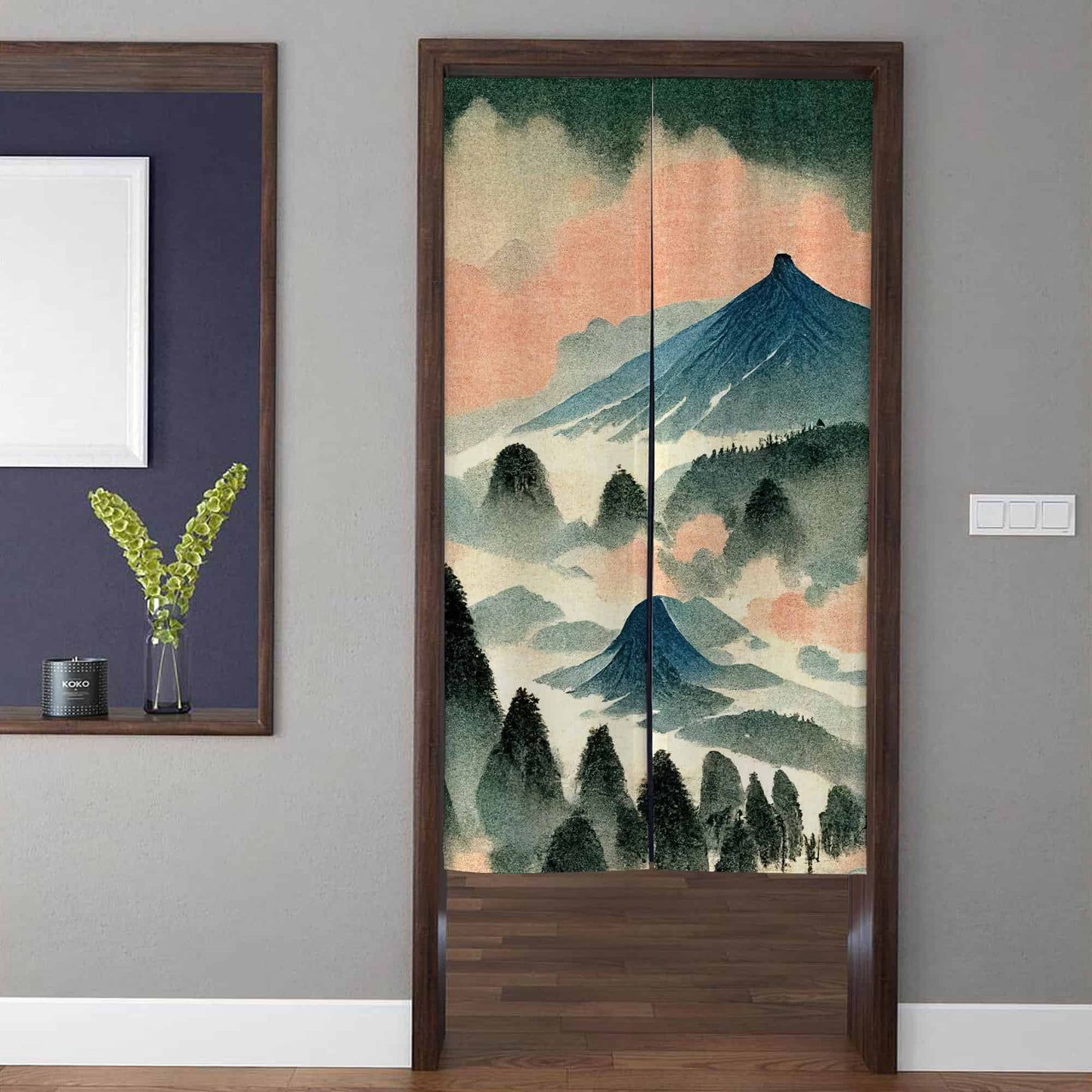 Japanese Traditional Ukiyo-e Blue Mountain Peak & Sunset Mist Doorway Curtain Noren Zen Room Divider