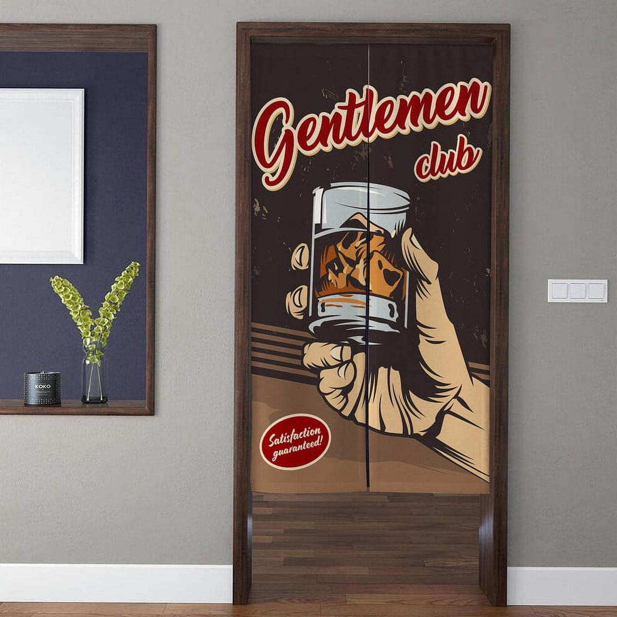 Vintage Gentlemen Club Whiskey Glass & Retro Bar Sign Doorway Curtain Noren Room Divider