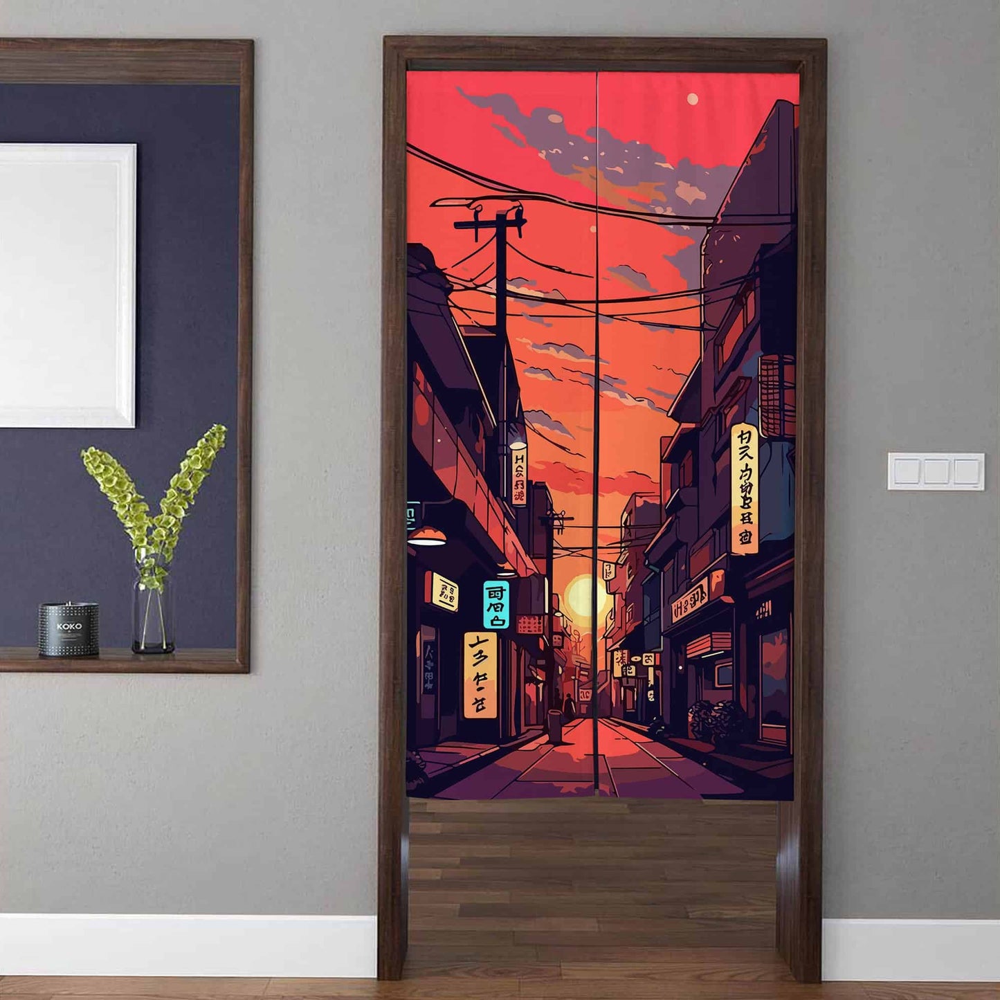 Japanese Anime Sunset Tokyo Street & Neon Signboard Doorway Curtain Noren Room Divider