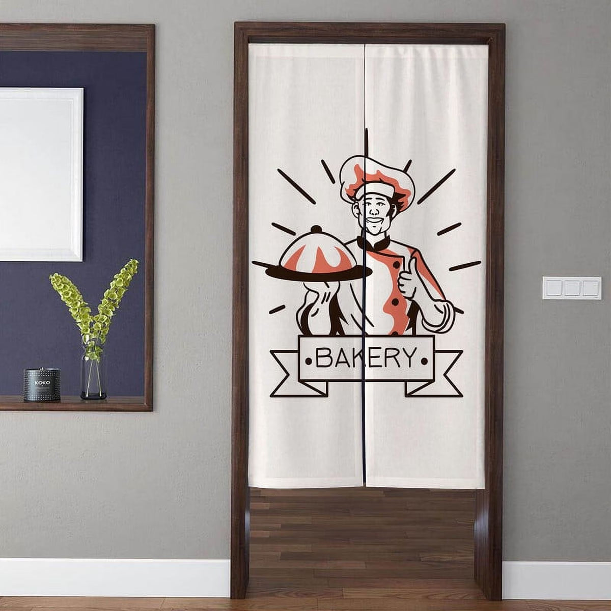 Vintage Retro Bakery Chef with Serving Tray & Ribbon Sign Doorway Curtain Noren Room Divider