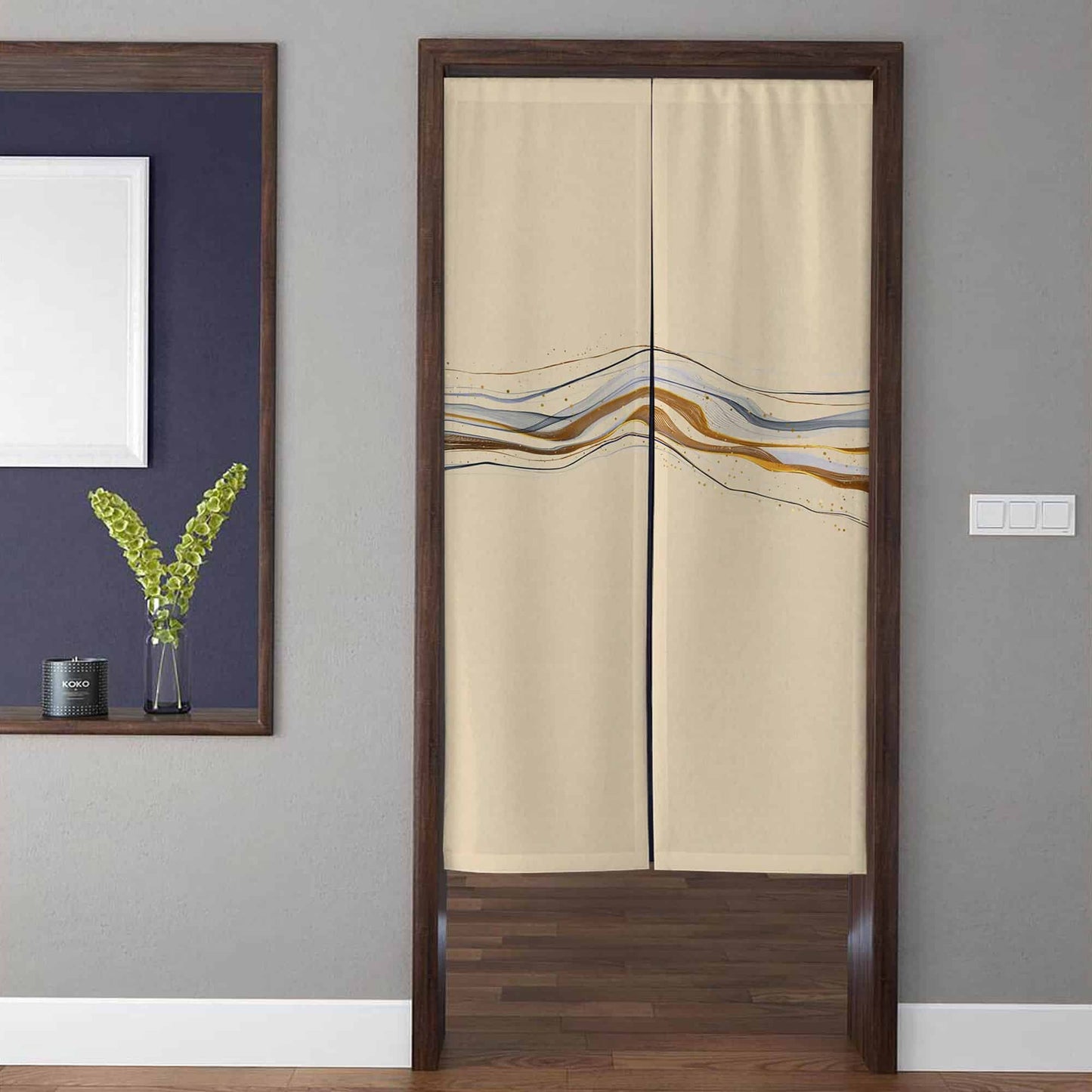 Minimalist Japandi Gold Ochre & Slate Blue Fluid Line Doorway Curtain Noren Zen Room Divider