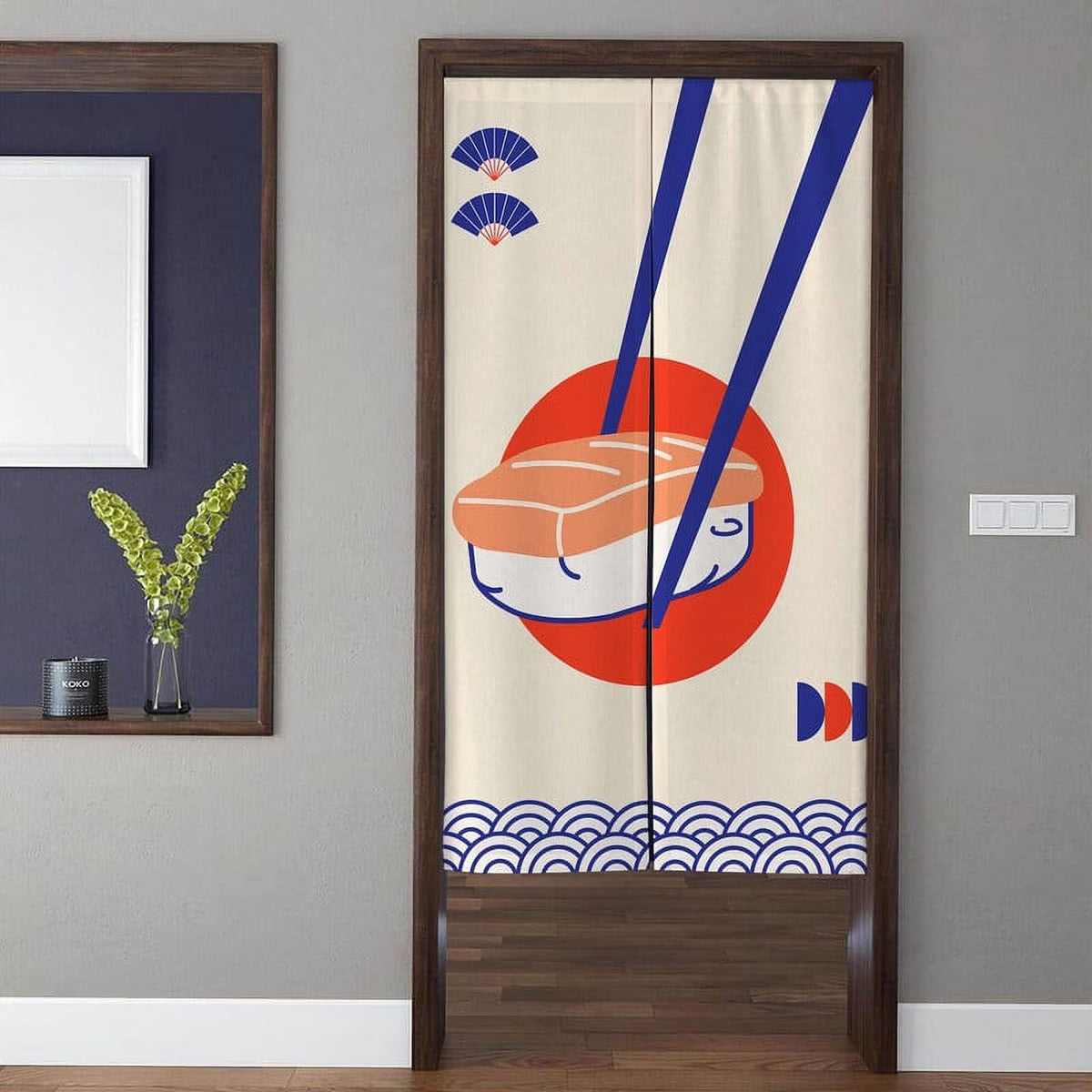 Modern Japanese Pop Art Sushi Chopsticks & Seigaiha Waves Doorway Curtain Noren Room Divider