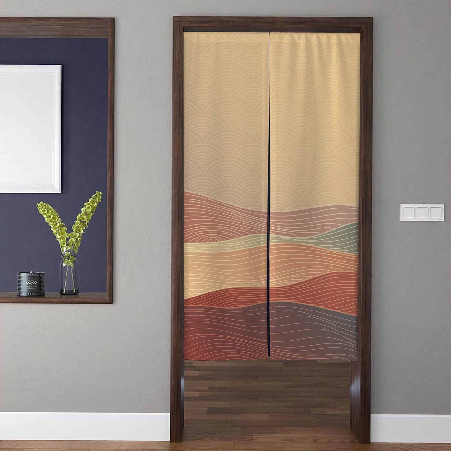 Japanese Abstract Terracotta Mountain Wave & Seigaiha Doorway Curtain Noren Zen Room Divider