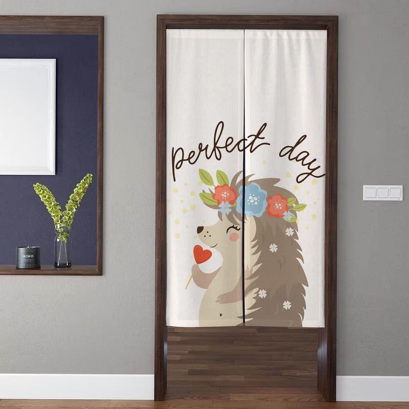 Cute Woodland Hedgehog with Floral Crown & "Perfect Day" Doorway Curtain Noren Room Divider