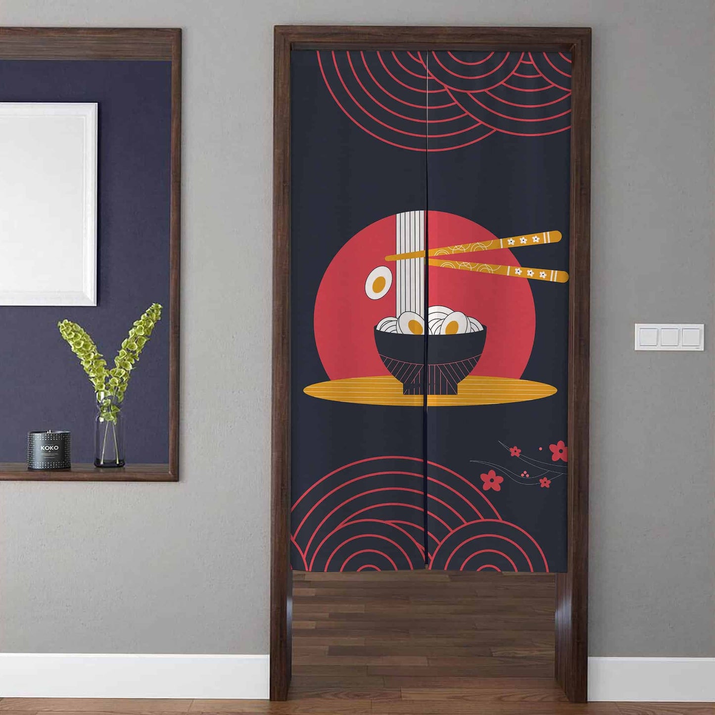 Japanese Traditional Ramen Noodle Bowl & Crimson Sun Doorway Curtain Noren Kitchen Room Divider