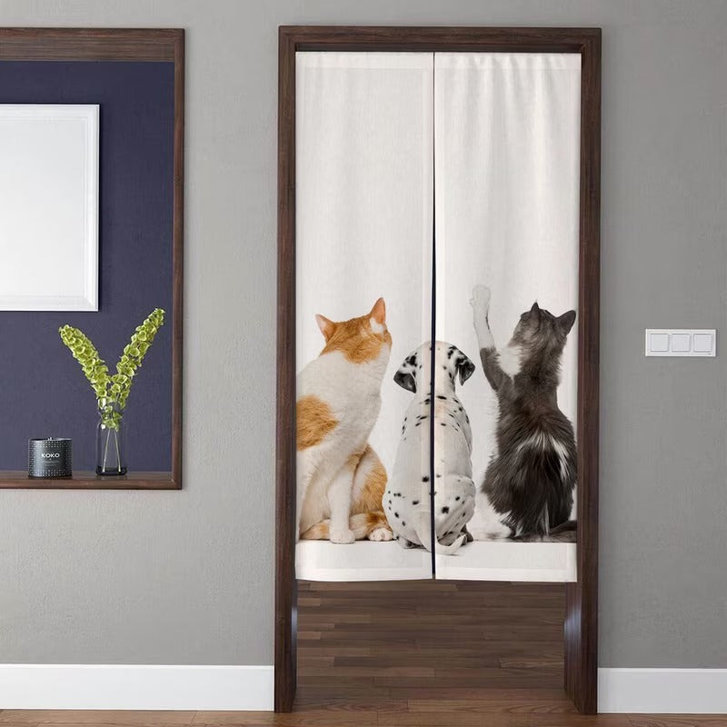 Cute Cats and Dalmatian Puppy Back View Pet Lovers Doorway Curtain Noren Room Divider