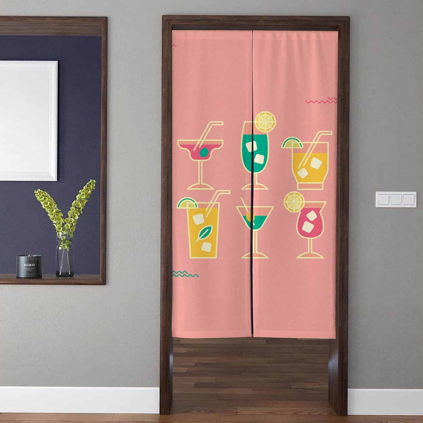 Retro Pink Tropical Cocktail Glass & Summer Drink Doorway Curtain Noren Kitchen Home Bar Divider