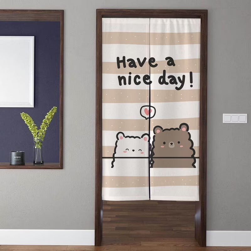Cute Kawaii Bears with "Have a nice day!" Striped Doorway Curtain Noren Room Divider