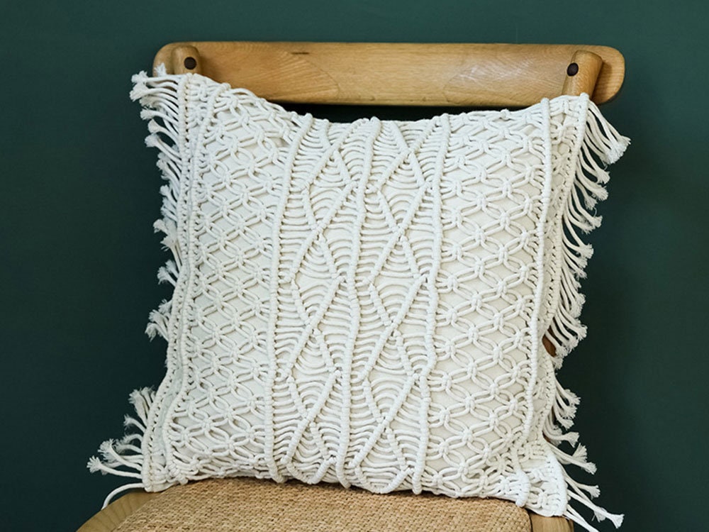 Boho Macramé Woven Throw Pillow Cover – Handcrafted Fringe Cushion Case (18" x 18" / 45 x 45 cm)