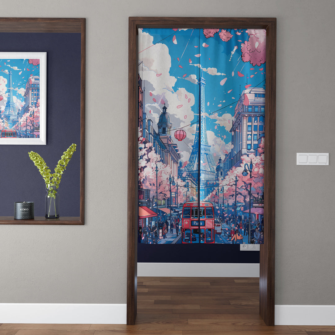 Japanese Anime Eiffel Tower Paris Street & Cherry Blossom Doorway Curtain Noren Room Divider
