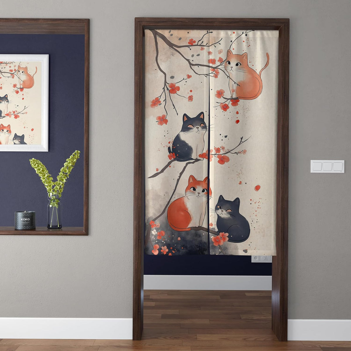 Japanese Watercolor Autumn Maple Branches & Four Resting Cats Doorway Curtain Noren Room Divider