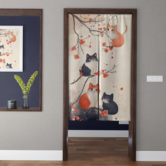 Japanese Watercolor Autumn Maple Branches & Four Resting Cats Doorway Curtain Noren Room Divider