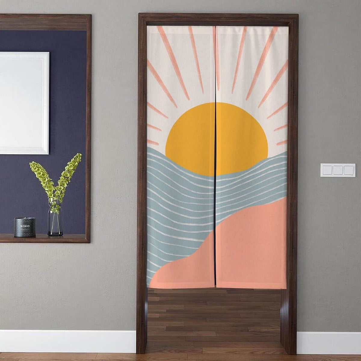 Minimalist Mid-Century Boho Golden Sun Pink Rays & Blue Ocean Waves Doorway Curtain Noren Room Divider