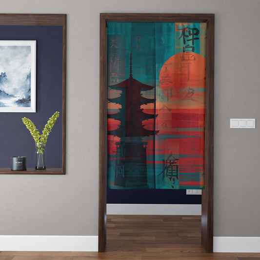 Japanese Vintage Teal & Crimson Sun Pagoda Doorway Curtain Noren Zen Room Divider