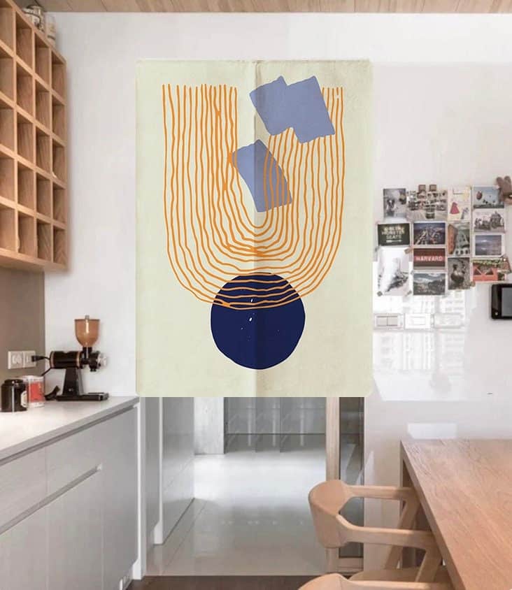 Orange swirling lines with a blue circle Doorway Curtain Noren image 0