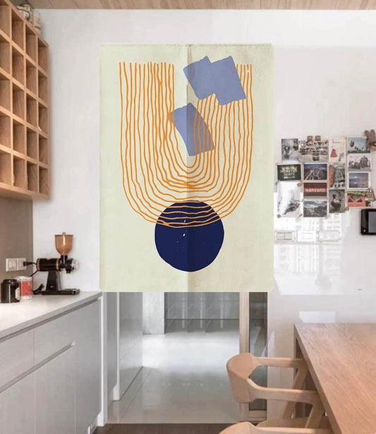 Orange swirling lines with a blue circle Doorway Curtain Noren image 0