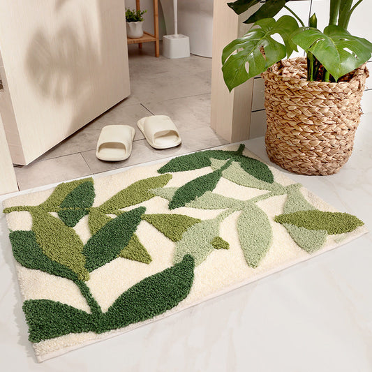 Green White Leaves Bath Mat