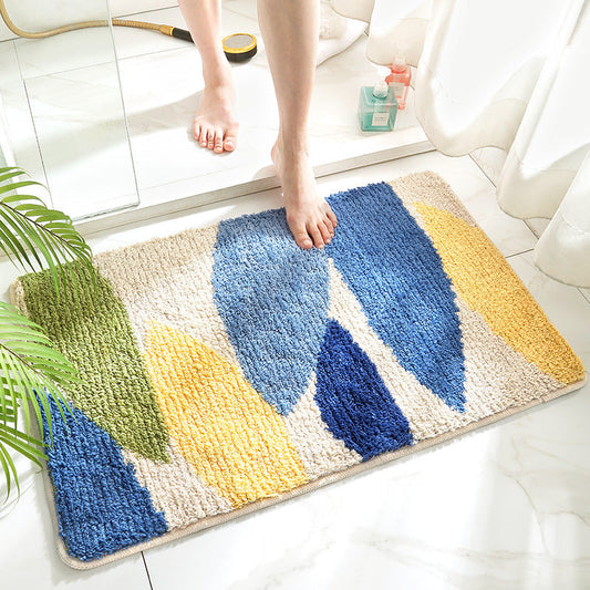 Abstract Green Blue Yellow Leaves Bath Mat