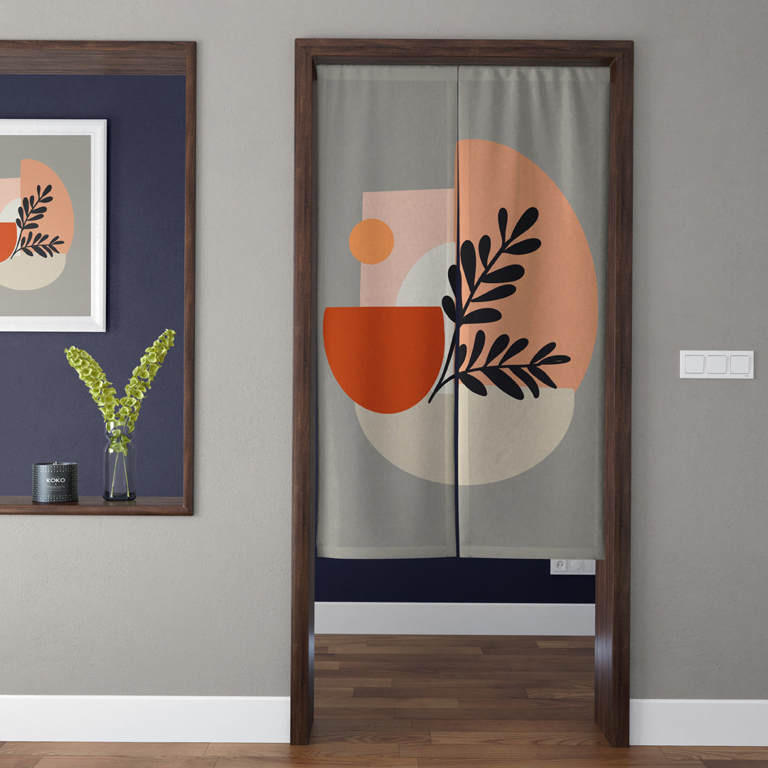 Japandi Minimalist Terracotta Geometric & Black Leaf Doorway Curtain Noren Grey Room Divider