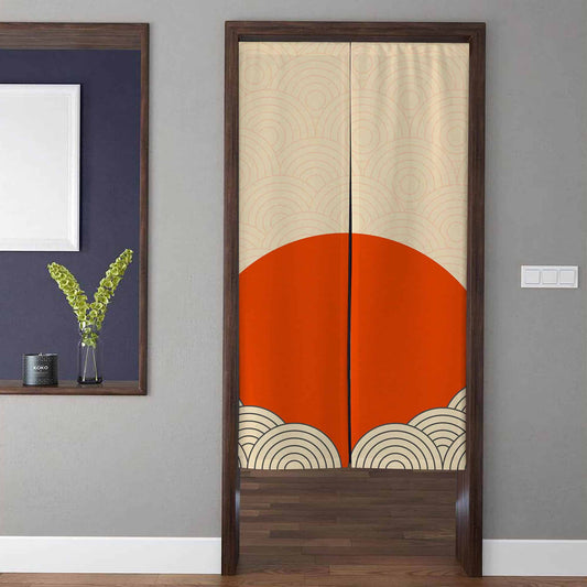 Japanese Traditional Crimson Rising Sun & Seigaiha Wave Doorway Curtain Noren Zen Room Divider
