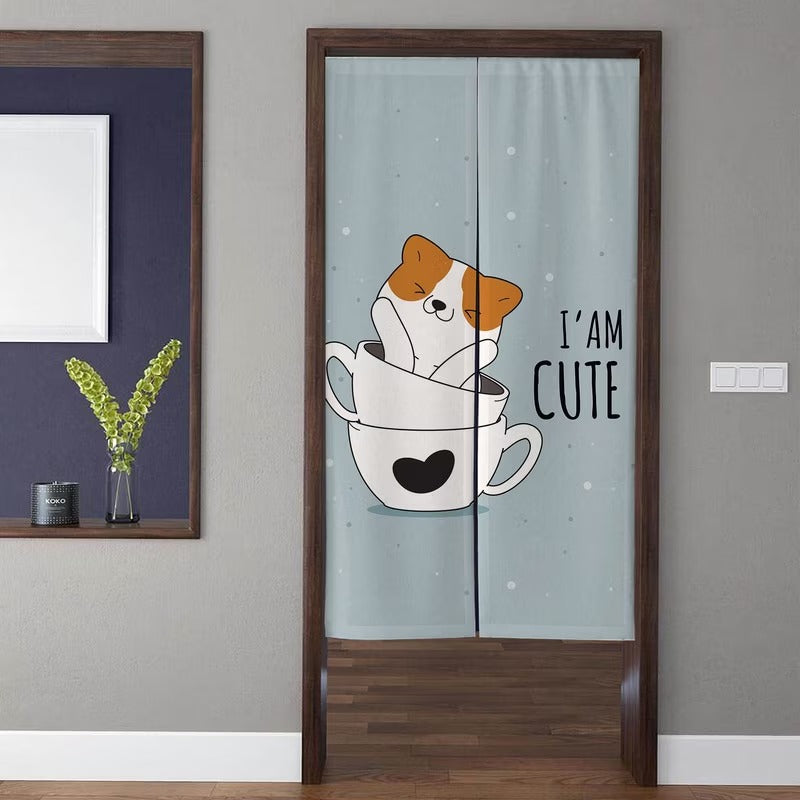 Cute Kawaii Corgi Puppy in Teacups with "I'M CUTE" Doorway Curtain Noren Room Divider