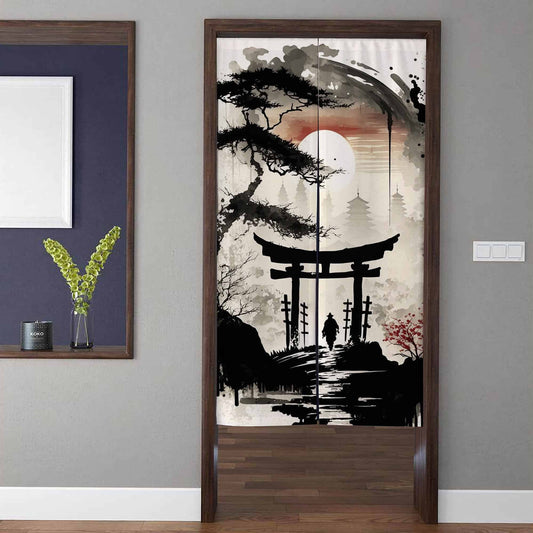 Japanese Traditional Sumi-e Ink Wash Samurai & Torii Gate Doorway Curtain Noren Zen Room Divider