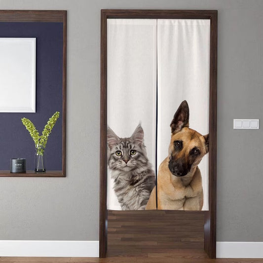 Realistic Curious Cat & Alert Dog Peeking Pet Lovers Doorway Curtain Noren Room Divider
