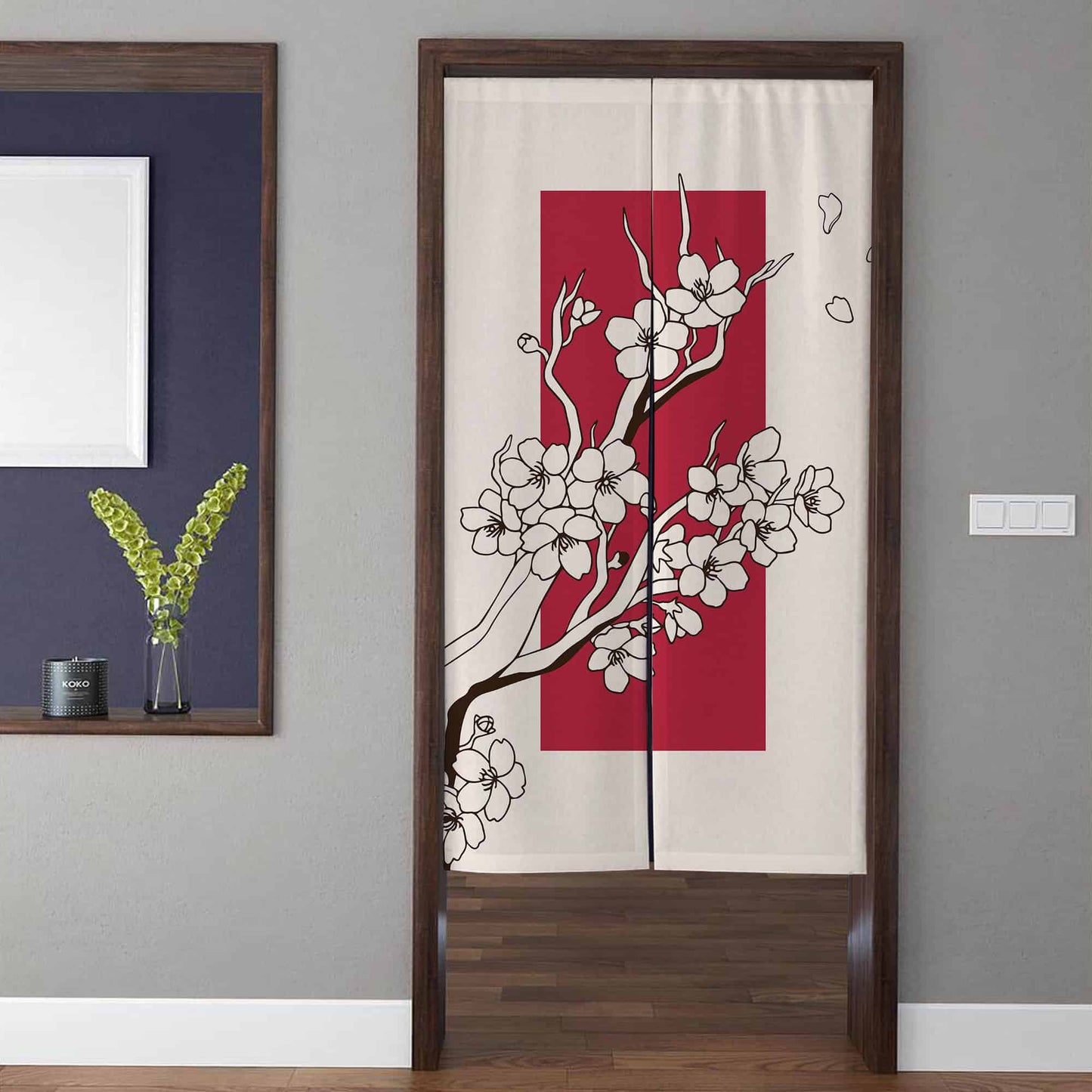 Japanese Traditional Crimson Block Sakura Cherry Blossom Doorway Curtain Noren Zen Room Divider