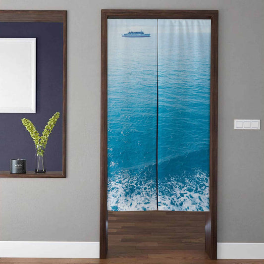 Modern Coastal Azure Blue Ocean Wave & Cruise Ship Doorway Curtain Noren Room Divider