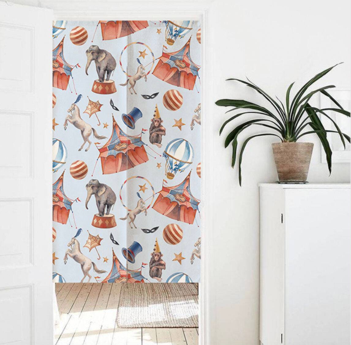 Blue Cute Hot Air Balloon Print Doorway Curtain Noren image 0