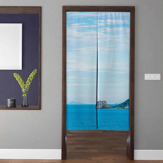 Modern Coastal Azure Blue Ocean & Tropical Island Cliff Doorway Curtain Noren Room Divider