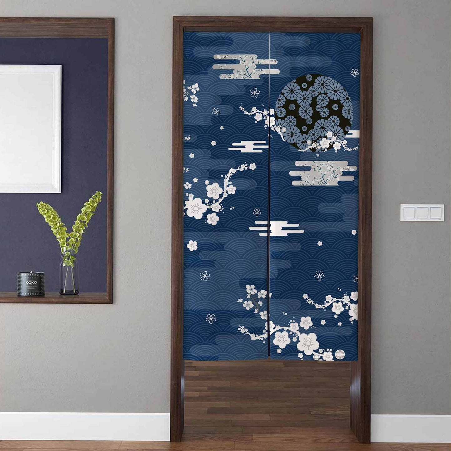 Japanese Traditional Navy Blue Seigaiha Wave & White Plum Blossom Doorway Curtain Noren Zen Room Divider