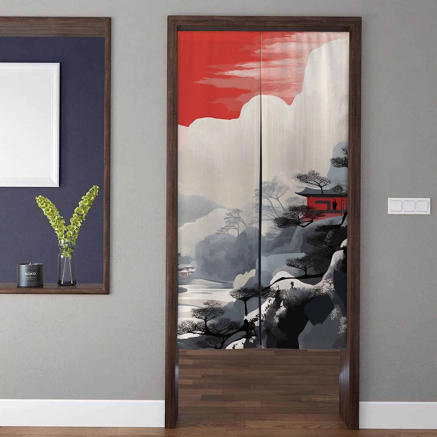 Japanese Traditional Crimson Sunset Winter Snow Mountain & Temple Doorway Curtain Noren Zen Room Divider