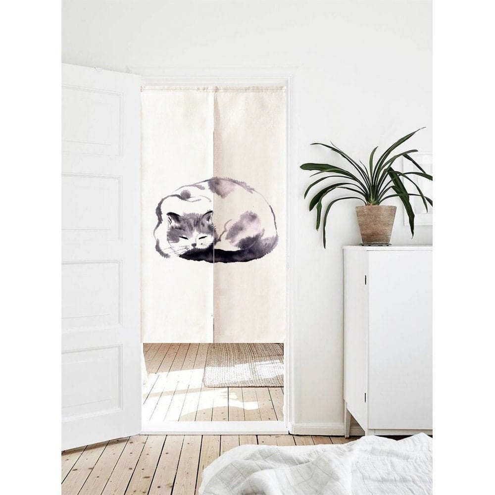 Cute Chilling Cat Inking Art Print Doorway Curtain Noren image 0