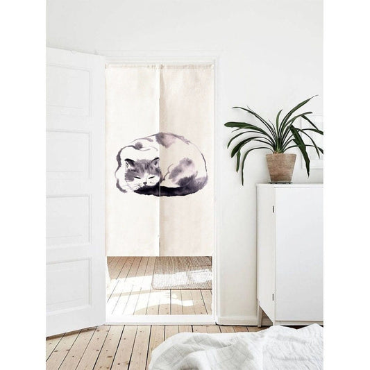 Cute Chilling Cat Inking Art Print Doorway Curtain Noren image 0