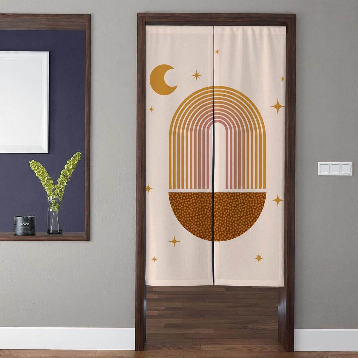 Minimalist Mid-Century Boho Earth-Tone Rainbow Arch Golden Crescent Moon & Stars Doorway Curtain Noren Room Divider