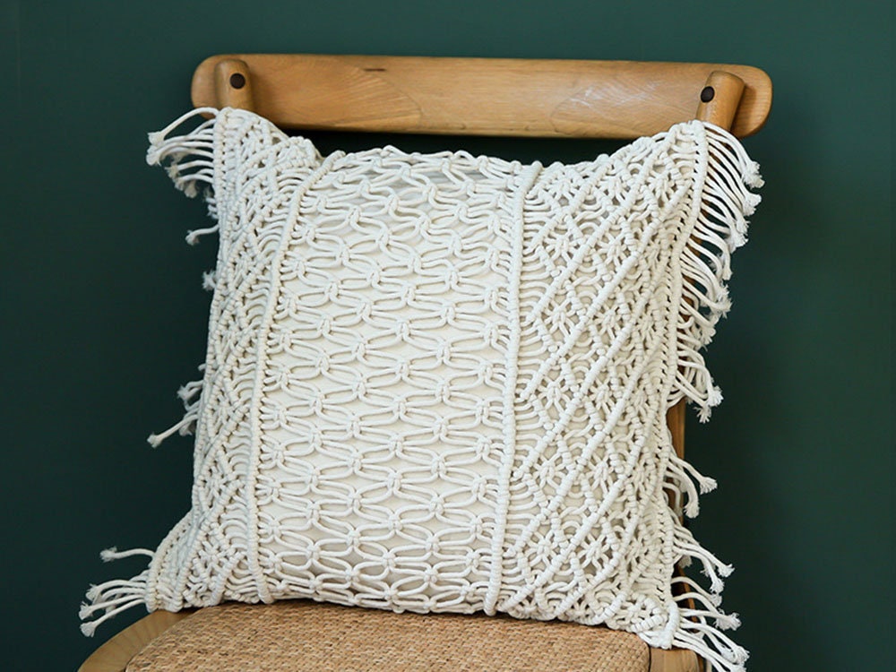 Boho Macramé Woven Throw Pillow Cover – Handcrafted Fringe Cushion Case (18" x 18" / 45 x 45 cm)