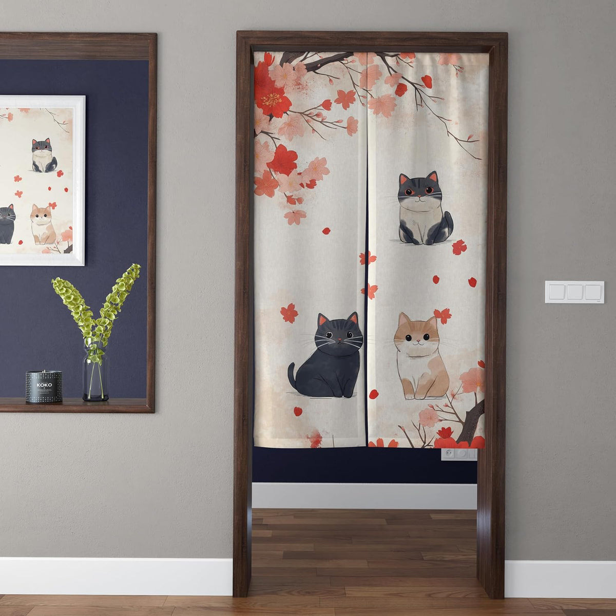 Japanese Watercolor Autumn Maple Branches & Three Cute Cats Doorway Curtain Noren Room Divider